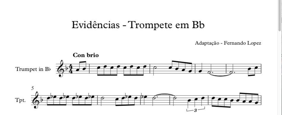 Partitura Evidências - Trompete em Bb - Facilitada